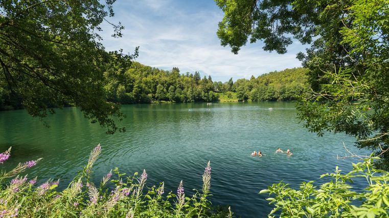 Ein ruhiger See umgeben von üppigem Grün und Bäumen. Ein paar Personen schwimmen im Wasser.