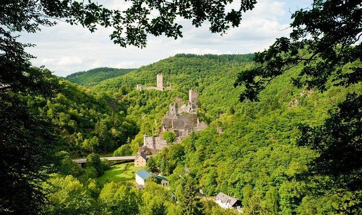 Eine malerische Burruine umgeben von dichten, grünen Wäldern. Im Hintergrund sind weitere Türme und das weite Tal sichtbat.