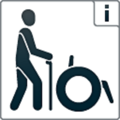 Eine Person benutzt einen Rollstuhl und einen Gehstock. Das Symbol deutet auf Barrierefreiheit hin.