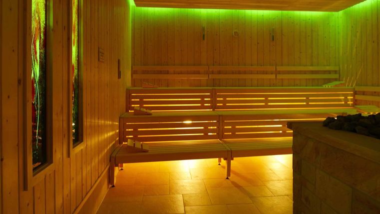 Eine gemütliche Sauna mit Holzwänden und modernen Lichteffekten. Die Bänke sind bereit für Entspannung und Erholung.