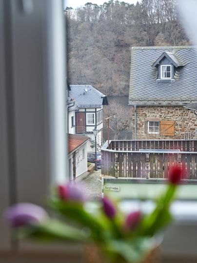 Blick aus einem Fenster auf ein ruhiges Dorf mit alten Häusern. Im Vordergrund stehen bunte Tulpen in einer Vase.