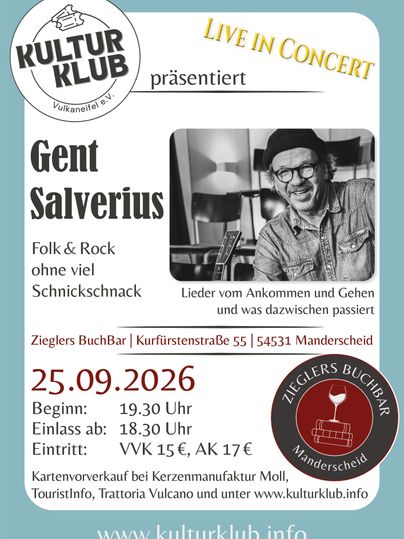 Een poster voor een concert van Gent Salverius, dat folk en rock presenteert. Het evenement vindt plaats op 25.09.2026 in Ziegler's BuchBar in Manderscheid.
