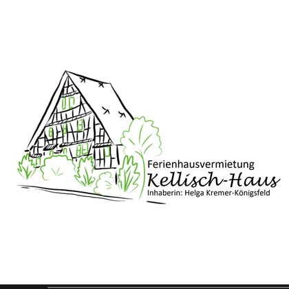 Eine skizzierte Darstellung eines traditionellen Ferienhauses mit einem Satteldach. Das Haus ist umgeben von grünen Pflanzen und der Schriftzug "Kellisch-Haus" ist gut sichtbar.