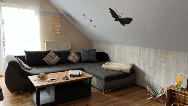 Ein gemütliches Wohnzimmer mit einem grauen Sofa und einem Couchtisch. An der Wand sind ein paar dekorative Schmetterlinge zu sehen.