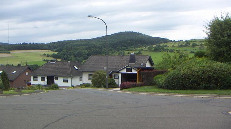 Ein ruhiges Wohngebiet mit mehreren Häusern und einer sanften Hügelkulisse im Hintergrund. Die Straße ist breit und gut gepflegt, umgeben von Grünflächen.