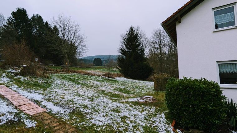 Ein ruhiger Garten mit Schnee und kahlen Bäumen. Im Hintergrund ist eine hügelige Landschaft unter einem grauen Himmel zu sehen.