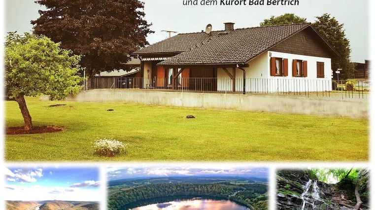 Ein schönes Ferienhaus in der Eifel, umgeben von Grünflächen. Im Hintergrund sind malerische Landschaften und Sehenswürdigkeiten sichtbar.