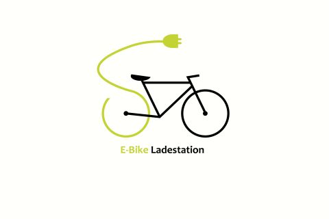 Ein einfaches Logo für eine E-Bike-Ladestation. Es zeigt ein Fahrrad und ein Stromkabel in einem modernen Design.