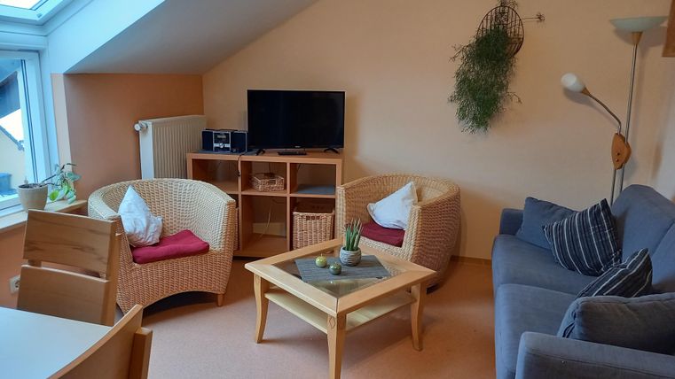 Ein gemütliches Wohnzimmer mit einem hellen Dachfenster. Es gibt zwei Stühle aus Rattan, ein graues Sofa und einen Tisch in der Mitte.