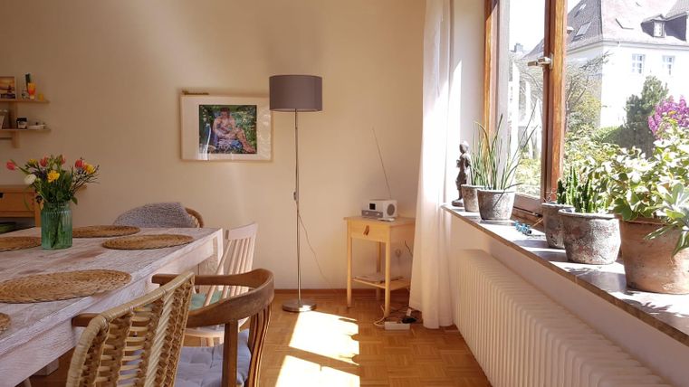 Ein helles Wohnzimmer mit einem Tisch, Stühlen und einer Stehlampe. Pflanzen und Blumen stehen auf der Fensterbank und es gibt ein Bild an der Wand.