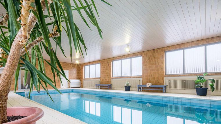Ein heller Innenpool mit großen Fenstern und einem gepflegten Ambiente. Palmen und Pflanzen sorgen für eine entspannte Atmosphäre.