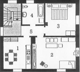 Ein Grundriss eines Hauses, der die verschiedenen Räume und ihre Anordnung zeigt. Die Bereiche umfassen ein Wohnzimmer, ein Schlafzimmer, ein Badezimmer und eine Küche.