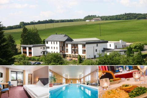 Ein modernes Hotel inmitten von grünen Wiesen. Es bietet komfortable Zimmer und Freizeiteinrichtungen wie einen Pool und ein Restaurant.