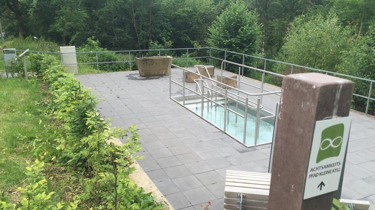 Ein moderner Bereich mit einem kleinen Pool und Holzliegen, umgeben von grünen Bäumen. Eine Infotafel weist den Weg zu diesem Entspannungsort.