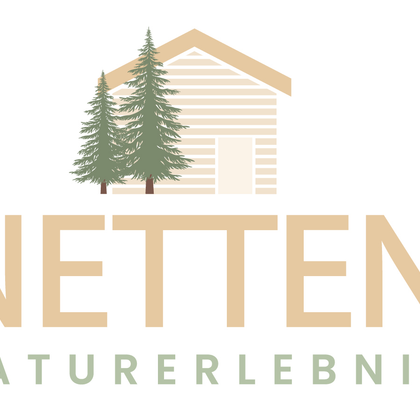 A simple logo with the text "NETTEN" and the subtitle "NATURERLEBNIS". Above are two stylized fir trees and a wooden house depicted.
