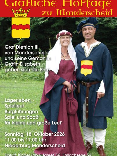 Een historische gebeurtenis met twee personen in middeleeuwse kleding. De graaf en de gravin presenteren een programma met spellen en kasteelrondleidingen.
