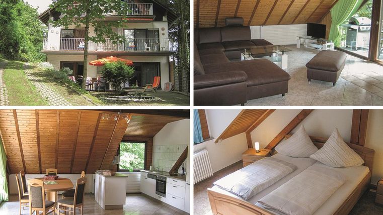 Ein gemütliches Ferienhaus mit grüner Umgebung und Terrassenmöbeln. Innen gibt es eine moderne Küche, einen Essbereich und ein Schlafzimmer mit großen Betten.