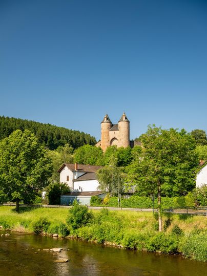 Die Bertradaburg thront über einem Fluss, umgeben von Bäumen und Häusern, unter einem klaren blauen Himmel.