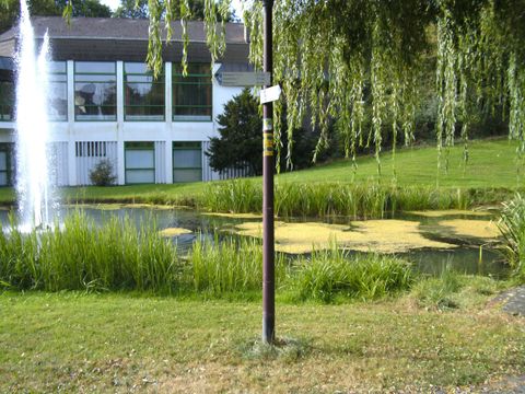 Ein ruhiger Park mit einem Teich, umgeben von üppigem Grün. Im Hintergrund ist ein Gebäude und ein Wasserstrahl zu sehen.