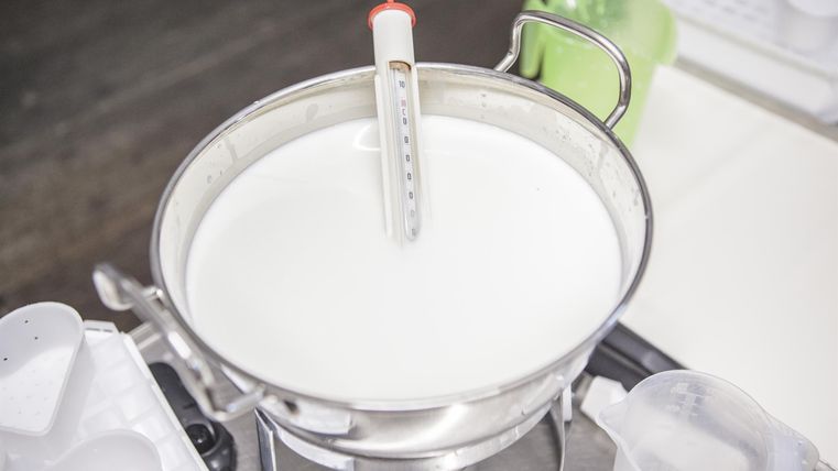 Ein Topf mit Milch, in dem ein Thermometer steckt. Der Topf steht auf einer Arbeitsfläche in einer Küche.