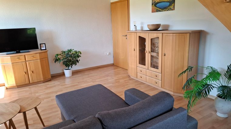 Ein helles Wohnzimmer mit einem grauen Sofa und einem Holztisch. An der Wand steht ein TV und ein Sideboard mit Pflanzen.