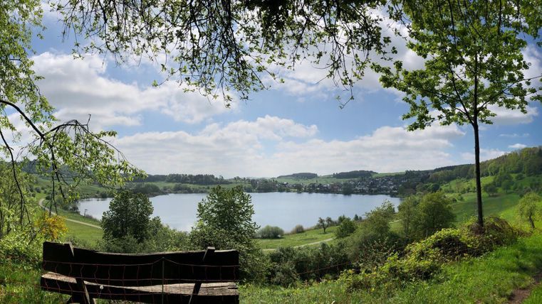Ein schöner Ausblick auf einen ruhigen See, umgeben von grünen Hügeln und Bäumen. Eine Bank lädt zum Verweilen und Genießen der Natur ein.