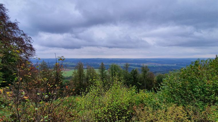 Eine malerische Landschaft mit bewaldeten Hügeln und bewöletem Himmel. Im Hintergrund erstreckt sich das weitläufige Tal.