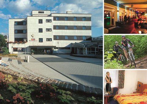 Ein modernes Hotelgebäude mit Eingangsbereich und einer sauberen Umgebung. Nebenbilder zeigen Freizeitaktivitäten und gemütliche Zimmer.