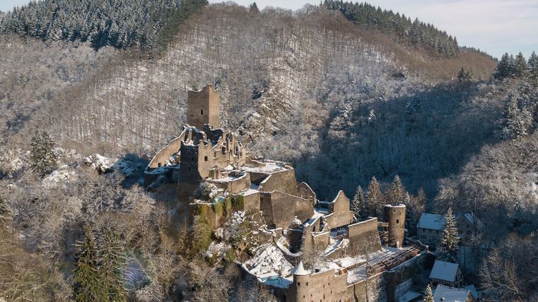 An old castle sits picturesquely in a snow-covered landscape. Surrounded by forests, it looks particularly impressive in the winter light.