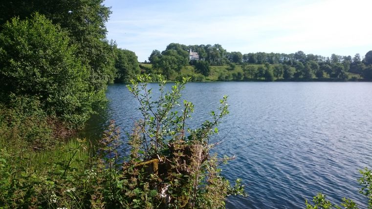 Ein ruhiger See umgeben von Bäumen und üppigem Grün. Im Hintergrund ist ein kleines Haus auf einem Hügel zu sehen.