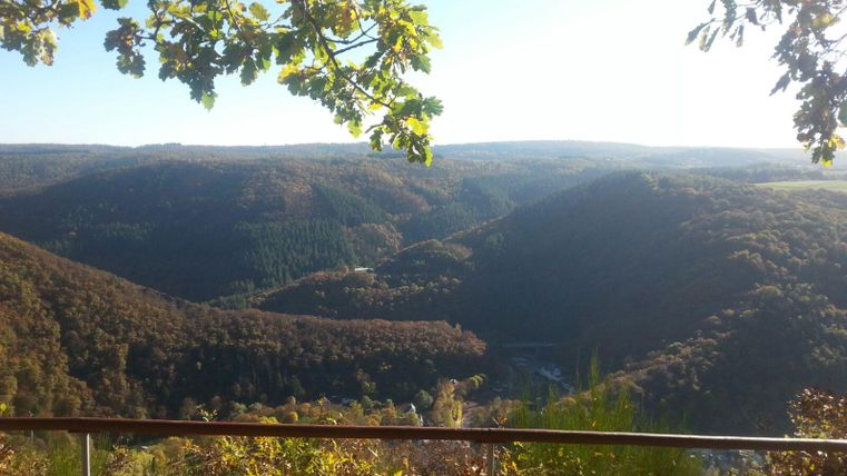 Eine malerische Aussicht auf grüne Täler und bewaldete Berge. Der Himmel ist klar und die Sonne scheint.