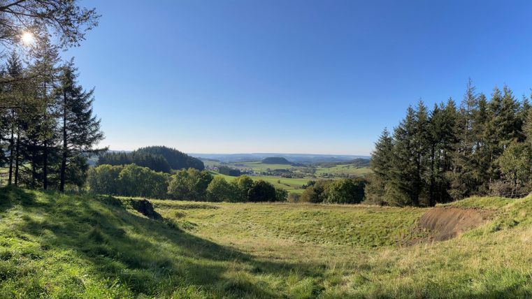 Eine weite Landschaft mit sanften Hügeln und einem klaren blauen Himmel. Im Vordergrund sind grünes Gras und Bäume zu sehen.