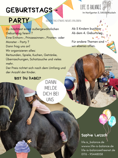 Ein einladendes Geburtstagsfest mit verschiedenen Themen wie Prinzessinnen und Piraten. Kinder können Spaß haben mit Spielen, Snacks und Aktivitäten rund ums Ponyreiten.