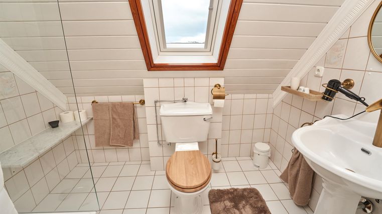Ein kleines, modernes Badezimmer mit Dachfenster. Es verfügt über eine Dusche, Toilette und Waschbecken.