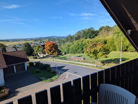 Ein Ausblick von einem Balkon auf eine ruhige Wohngegend. Im Vordergrund sind bunte Bäume und eine kurvige Straße zu sehen.
