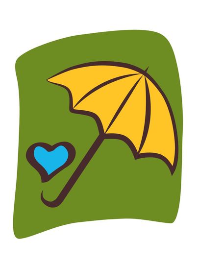 Ein gelbes Regenschirm-Symbol auf grünem Hintergrund mit einem blauen Herzen. Es vermittelt ein Gefühl von Schutz und Freude.