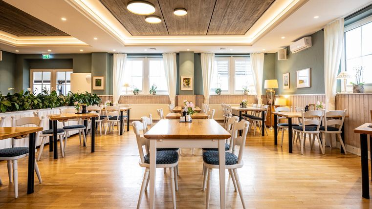 Ein helles Restaurant mit Holzfußboden und modernen Tischen. Große Fenster lassen viel Licht herein und es gibt dekorative Pflanzen.