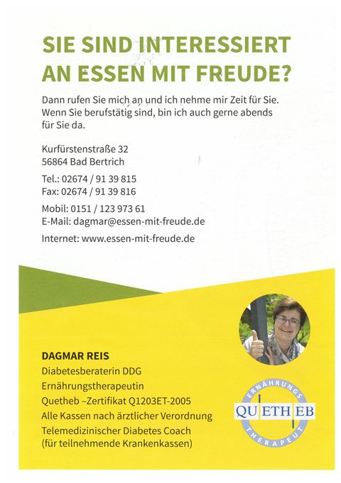 Ein Flyer mit Informationen über Ernährungsberatung. Er bietet Kontaktinformationen und weist auf das Thema „Essen mit Freude“ hin.