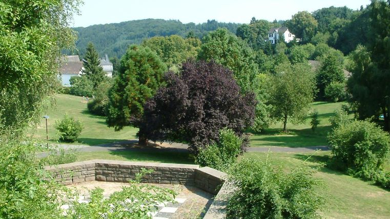 Eine grüne Parklandschaft mit verschiedenen Bäumen und hügeligem Gelände. Im Hintergrund sind einige Häuser sichtbar, umgeben von Bäumen.