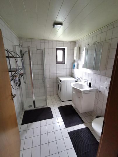 Ein modernes Badezimmer mit Dusche, Waschmaschine und Waschbecken. Die Wände sind gefliest und es gibt dunkle Teppiche auf dem Boden.