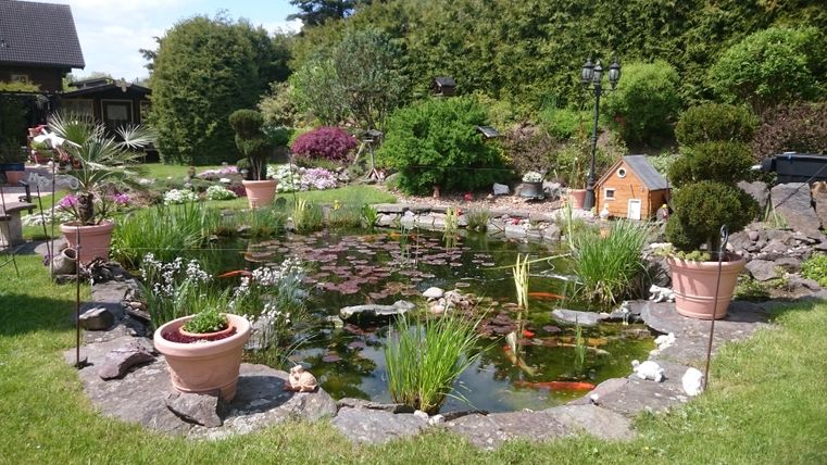Ein schöner Garten mit einem Teich und vielen Pflanzen. Im Hintergrund sind dekorative Elemente und eine kleine Holzfigur.