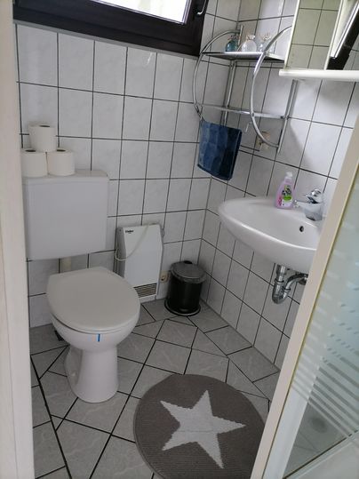Ein kleines, modernes Badezimmer mit weißen Fliesen. Es enthält eine Toilette, ein Waschbecken und eine Dusche.