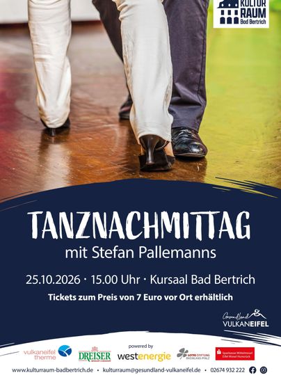 Ein Plakat für eine Tanzveranstaltung mit Stefan Pallemanns. Es findet am 17. Mai 2026 im Kursaal Bad Bertrich statt.