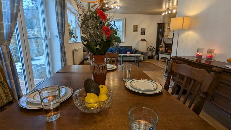 Ein einladender Tisch mit Geschirr, Gläsern und einer Schüssel voller Früchte. Im Hintergrund ist ein gemütliches Wohnzimmer mit einer Lampe und Pflanzen zu sehen.