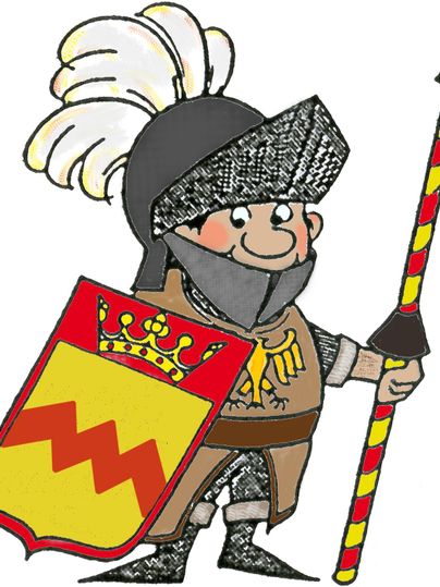 Ein fröhlicher Ritter in Rüstung hält ein Wappen und einen Speer. Das Wappen zeigt eine gelbe Krone und rote Wellenlinien.