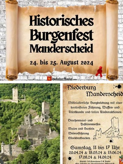 Ein Plakat für das historische Burgfest in Manderscheid, das vom 24. bis 25. August 2024 stattfindet. Darunter Informationen zu Führungen und Aktivitäten für Kinder in der Niedenburg Manderscheid.