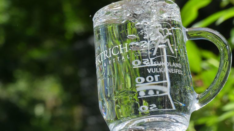 Ein transparenter Becher mit Wasser, aus dem sprudelnde Blasen aufsteigen. Im Hintergrund sind grüne Pflanzen zu sehen.