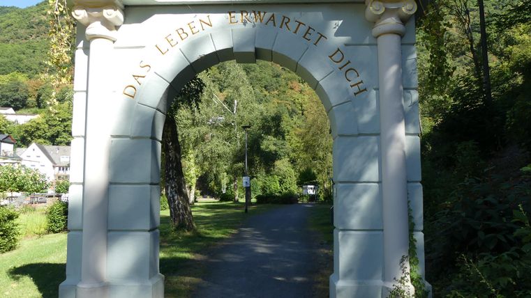 Ein eleganter Bogen mit der Inschrift "Das Leben wartet Dich" steht am Beginn eines Weges. Umgeben von Bäumen und Grün bietet er einen einladenden Übergang in die Natur.