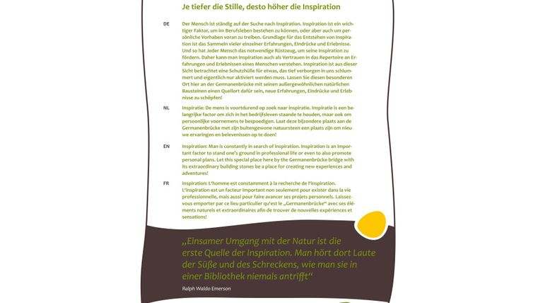 Ein Informationsblatt mit dem Titel "Inspiration - Germanenbrücke". Es enthält Zitate und Gedanken zu Natur und Inspiration.