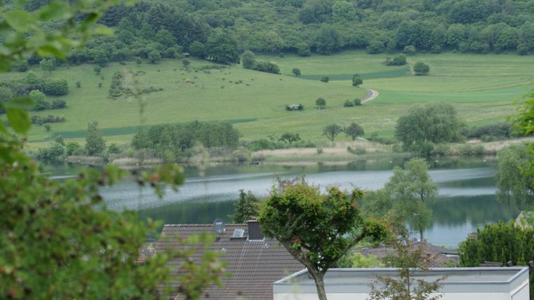 Eine ruhige Landschaft mit sanften grünen Hügeln und einem stillen See. Im Vordergrund sind einige Häuser und Bäume sichtbar.